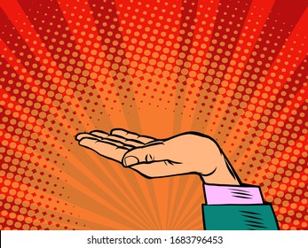 Female Hand Open Palm Present Gesture. Comics Caricature Pop Art Retro Illustration Drawing