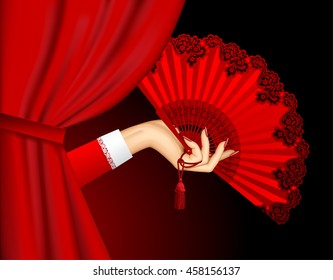 Female hand with open red fan emerging from behind the curtain on black background. Theatrical placard concept design. Vector illustration