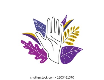 Female hand open in stop gesture surrounded by leaves, plants. Violence against women design concept. Vector illustration isolated on white background.