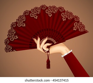 Female hand with open vintage fan isolated in brown colors. Vector illustration