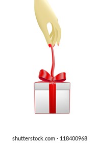 Female hand opening gift box. Vector Illustration