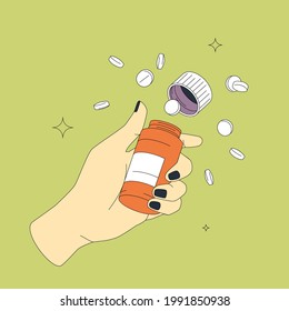 Female hand opening pills bottle. Orange pill container with scattering white tablets over a green background. Modern flat and lines vector design. Cartoon or comic style.