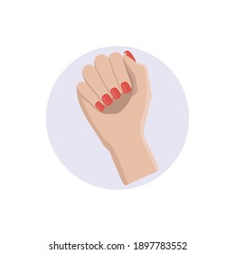 Female hand with painted nails, red manicure symbol. 
Sticker in a circle ,for nail bar, beauty salon, manicurist, stickers and social media . Stock vector illustration