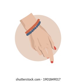 Female hand with painted nails, red manicure symbol. 
Sticker in a circle ,for nail bar, beauty salon, manicurist, stickers and social media . Stock vector illustration