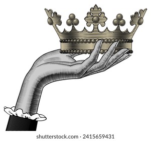 Female hand palm holding a gold crown isolated on white. Color vintage engraving stylized drawing. Vector illustration