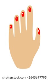 Female hand palm with red painted nails. Vector illustration.