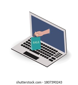Female hand with paper bag in the computer on a white isolated background.Vector illustration. Shopping, sale concept. Online shopping.