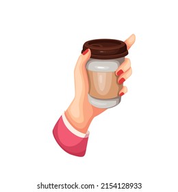 Female hand with paper cup of coffee. Takeaway drinks, coffee to go vector illustration.