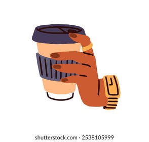 Mão feminina com xícara de papel de café para ir. Mulher ocupada segura uma caneca de bebida quente. Garota leva bebida, tomar cappuccino. Ilustração de vetor isolado plano sobre fundo branco