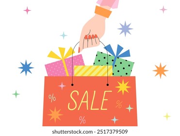 Female hand with paper shopping bag with gift boxes. Buying present for Xmas holiday and New Year celebration concept ideal for celebrations and gifting themes. Shopping bag full of christmas gift box