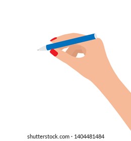 Female hand with pen, top view. Manual writing. Isolated vector illustration on white background