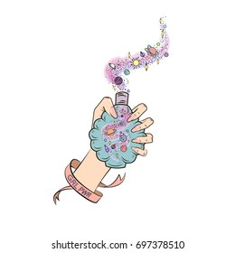 female hand with perfume with space smell