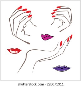 Female hand and Personal nail styling set. Conceptual painted drawing (items for fashion illustration) vector.