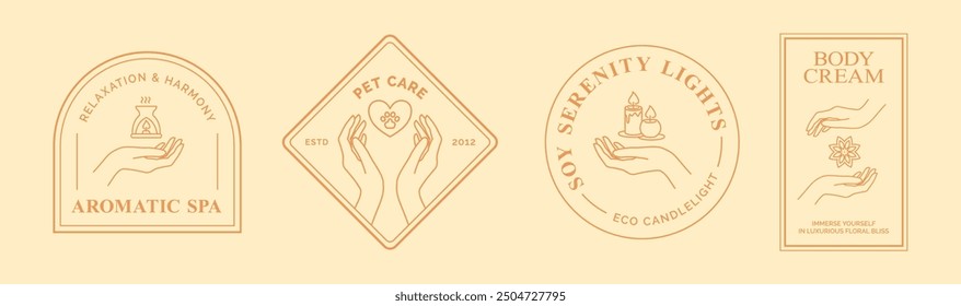 Female Hand with Pet Care Heart Sign and Candles Logo Template Thin Line Icon Set. Vector illustration