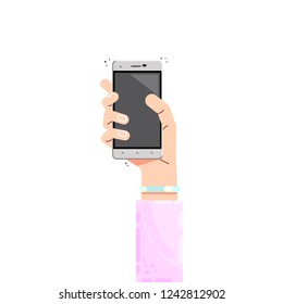 Female hand with phone - vector concept, flat design.