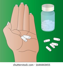 Female hand, pills and tube with medicines. Vector illustration. Bright skin. Isolated green background. Medicines prescribed by your doctor. Capsules are scattered. Lady holds medicine in the palm.