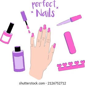 Female hand with pink manicure tools.
Nails equipment, nail scissors, nail file, tweezers, nail polish, remover.
