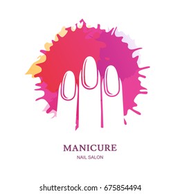 Female hand in pink nail polish splash, isolated on white background. Vector logo, label, emblem design elements. Concept for beauty salon, manicure, cosmetic and hand care.