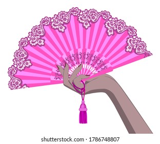 Female hand with a pink open fan isolated on white. Vector illustration