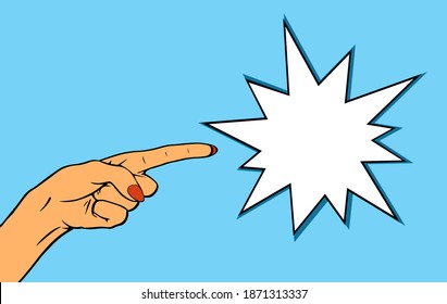 Female hand  Pointing with a finger for advertisement. Free space for text. Vector illustration in pop art style.