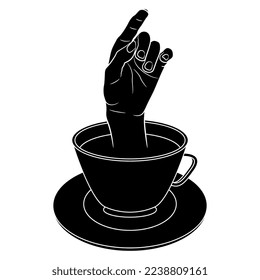 Female hand with pointing up index finger emerging from a cup of tea or coffee. Creative funny beverage concept. Black and white silhouette.