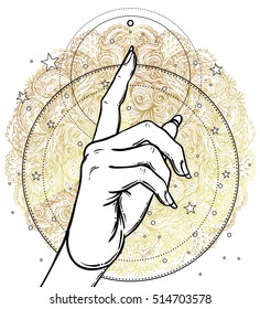 Female hand pointing on something with forefinger. Sacred geometry design elements. Alchemy, philosophy, spirituality symbols. Golden mandala. Vector illustration in vintage style isolated on white.