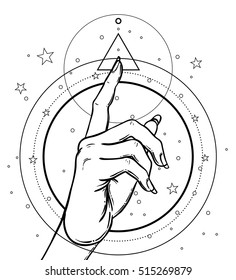 Female hand pointing on something with forefinger. Sacred geometry design elements. Alchemy, philosophy, spirituality symbols. Black, white vector illustration in vintage style isolated on white.