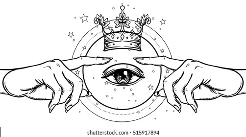 Female hand pointing on something with forefinger. with divine kings crown. Hope faith and help, assistance and support symbol. Black and white vector illustration in vintage style isolated on white. 