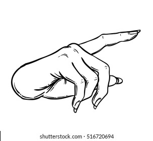 Female hand pointing on something with forefinger. Showing direction, selection, attention, caution, fingerprint, choice symbol. Black and white vector illustration in vintage style isolated on white.