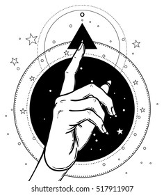 Female hand pointing on something with forefinger. Sacred geometry design elements. Alchemy, philosophy, spirituality symbols. Black, white vector illustration in vintage style isolated on white.