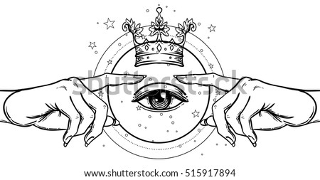 Female hand pointing on something with forefinger. with divine kings crown. Hope faith and help, assistance and support symbol. Black and white vector illustration in vintage style isolated on white. 