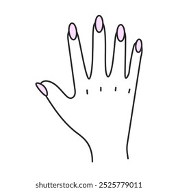 Mão feminina com unhas polidas ícone. Descrever Gesto. Abre a palma da mão com manicura elegante. Símbolo de Beleza e Cuidado Assine no estilo doodle. Ilustração vetorial