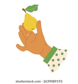 Female hand with polka dot sleeve cuff holding ripe juicy yellow fresh pear with green leaf. Vector cute illustration for fruit jam jar label design, pie recipe, farmer's harvest in garden.