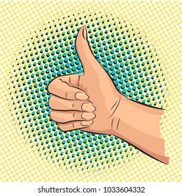 Female hand pop art. Like concept sign. I like that. Seal of approval. Pop art design concept. Vector illustration in retro style.