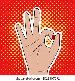 Female hand in pop-art style. Ok! Vector illustration.