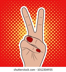 Female hand in pop-art style. Victory. Winner. Vector illustration.