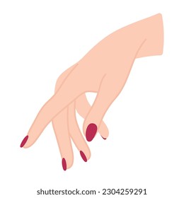 Female hand pose. Reaches for something with the palm down. Arm of a white woman. Hand gesture or sign. Finger pointing. Non-verbal language. Delicate minimalist illustration in flat style