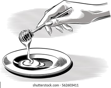 Female hand pouring honey into a saucer.