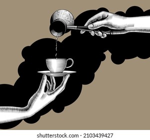 Female hand pours coffee from a Turk into a cup in the other hand. Vintage engraving stylized drawing. Vector illustration