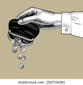 Female hand hand pours coins from the retro purse for money. Vintage engraving stylized drawing. Vector illustration