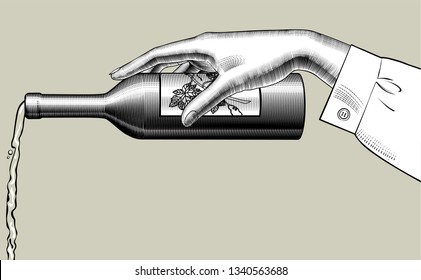 Female hand pours wine from a bottle. Vintage engraving stylized drawing. Vector illustration