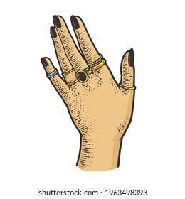 female hand with precious rings color sketch engraving vector illustration. T-shirt apparel print design. Scratch board imitation. Black and white hand drawn image.
