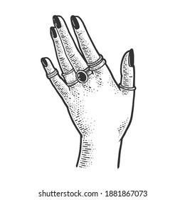 female hand with precious rings sketch engraving vector illustration. T-shirt apparel print design. Scratch board imitation. Black and white hand drawn image.