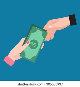 Female Hand Proposing Dollar Banknote to Male Hand. Hand Giving Money to Other Hand. Hand reach out to take it. Human Hands Exchanging Dollars. Vector Illustration.