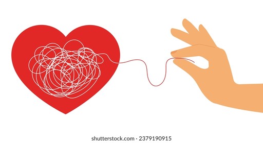 Female hand pulling a string from scribbled heart. Mental assistance concept. Complexity of feelings and phycological opportunity. Personal problems solution. Feeling recovery and treatment. Vector.