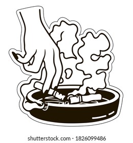 Female hand putting a cigarette out in an ashtray. Vector illustration for printing t-shirt, poster, logo. Black and white hand drawn image.