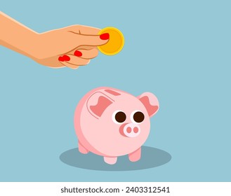 Female hand putting coin on piggy money box vector illustration. Wealth concept drawing