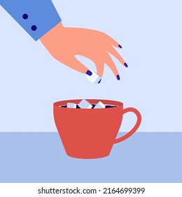 Female hand putting sugar cubes into cup of coffee. Person adding sweetener to morning drink flat vector illustration. Breakfast, health concept for banner, website design or landing web page