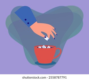 Female hand putting sugar cubes into cup of coffee. Person adding sweetener to morning drink flat vector illustration. Breakfast, health concept for banner, website design or landing web page