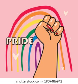 Female hand with a raised fist and a rainbow. support for LGBT people. Gay Pride. Vector illustration.